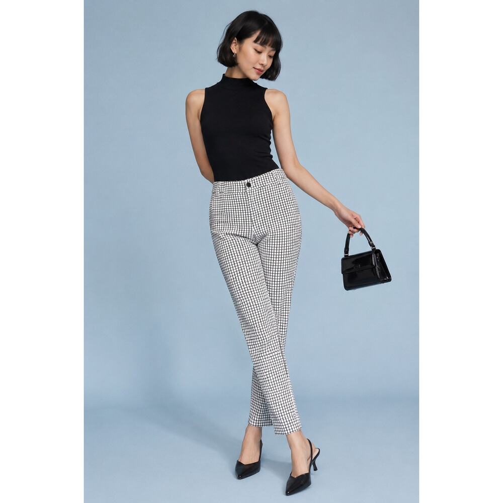 CAbi Windowpane Mod Check Slim Ankle Work Trousers Black White Size 2